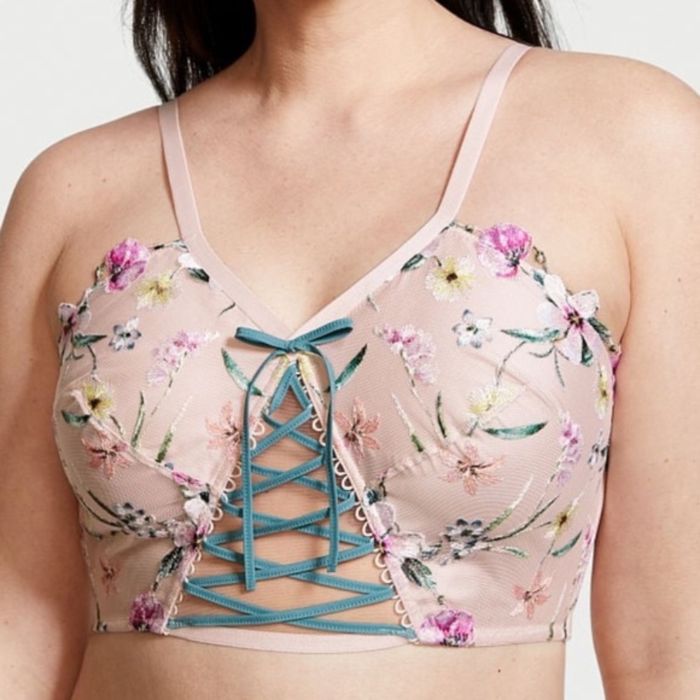 •NWT Victoria’s Secret Floral Embroidery Lace Up Cropped Corset Bra Top / 32DDD